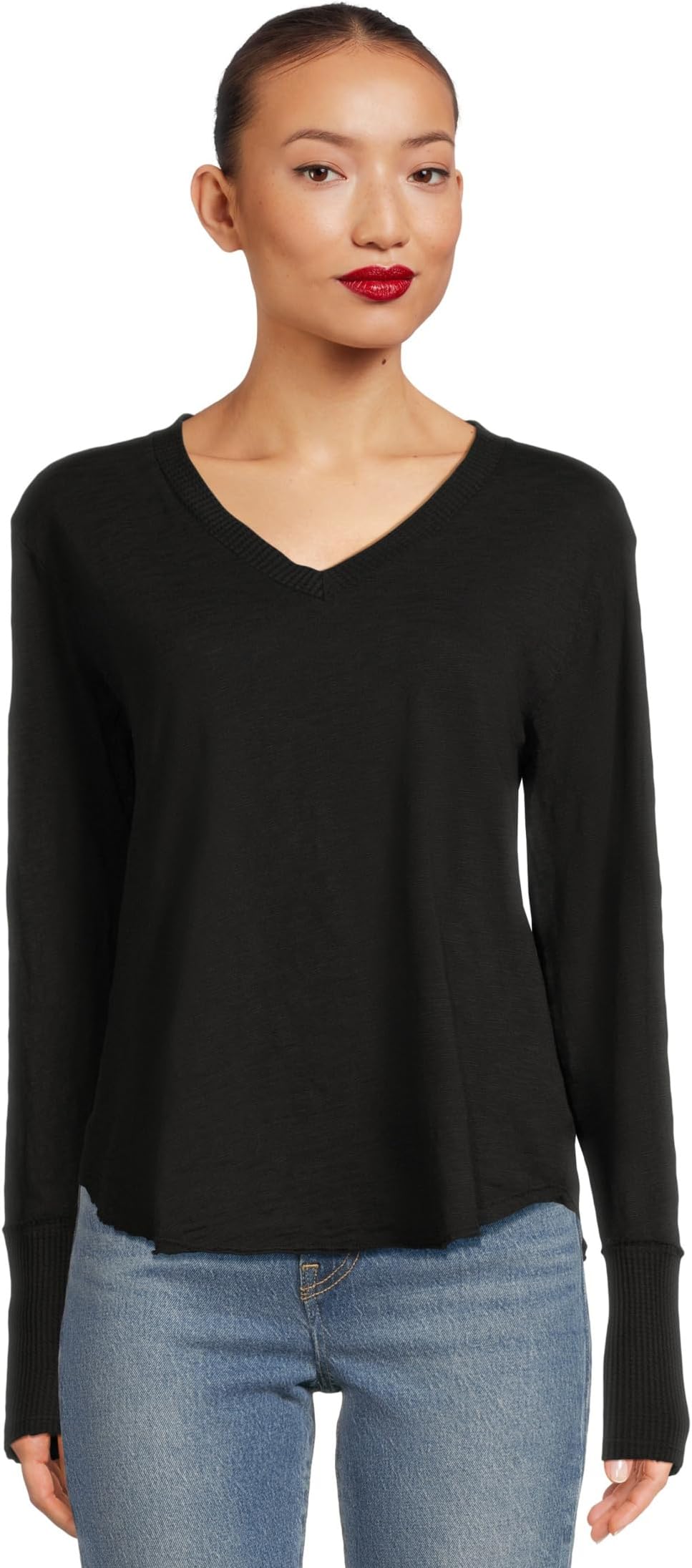 

Топ Mod-o-doc Long Sleeve Waffle Mix V-Neck Top, черный