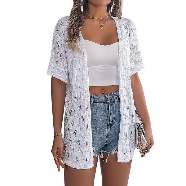 

Женский длинный кардиган с коротким рукавом и ажурной вязкой Clearflower, White