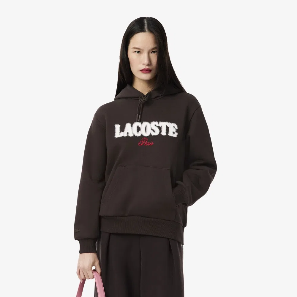 Худи Lacoste с пушистой надписью, тёмно-коричневая