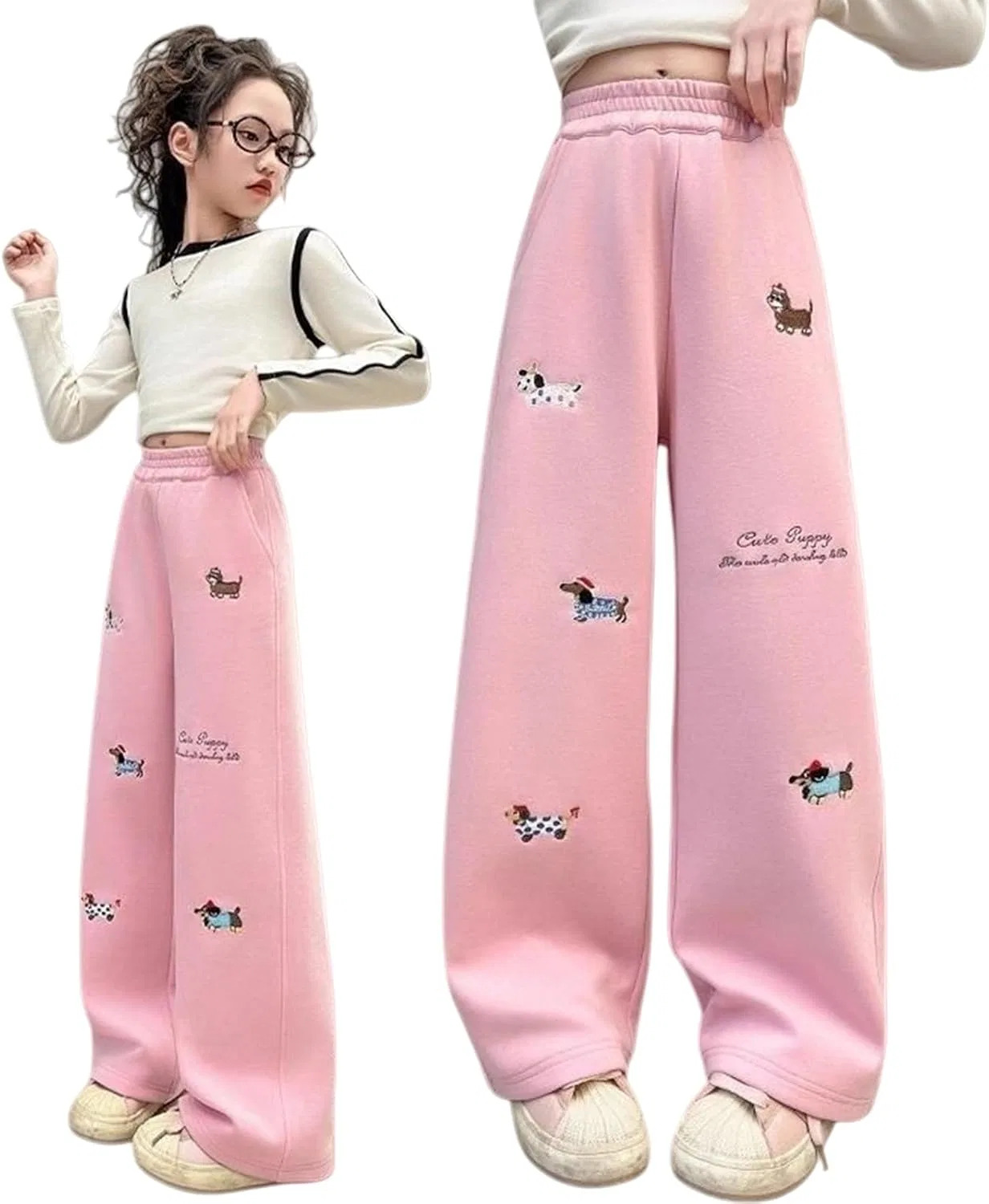 Спортивные брюки для девочек с вышивкой собаки, Pink — фото 4