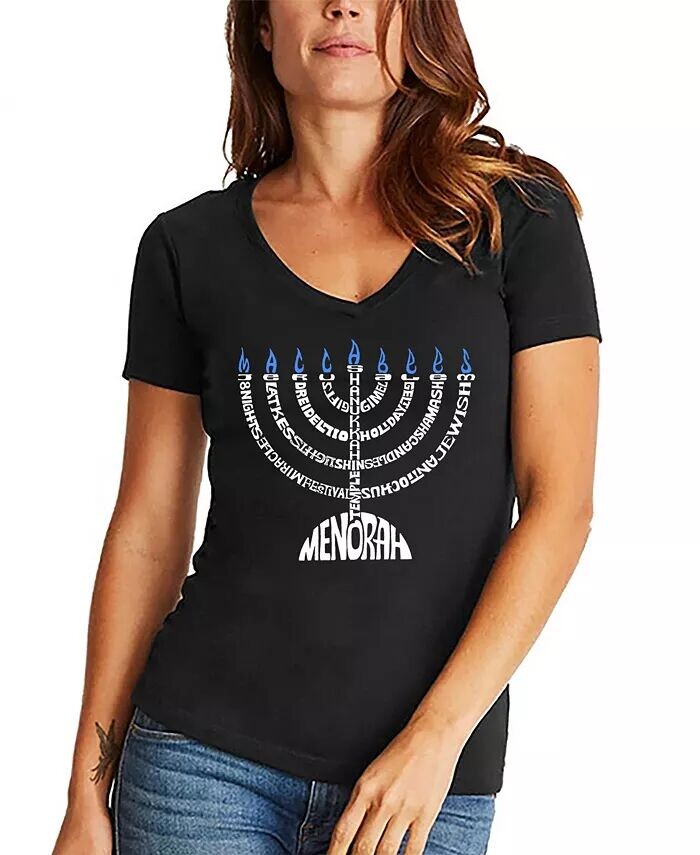 

Женская футболка с V-образным вырезом и надписью Menorah Word Art LA Pop Art, черный