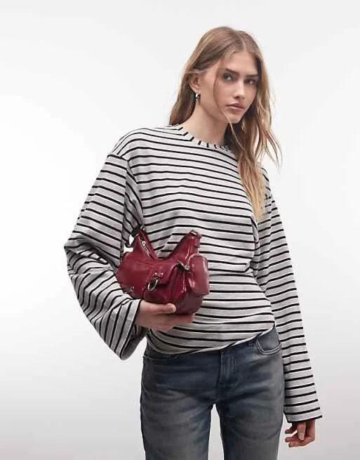 

Футболка с длинными рукавами и затягивающейся талией Weekday в серо-черную полоску