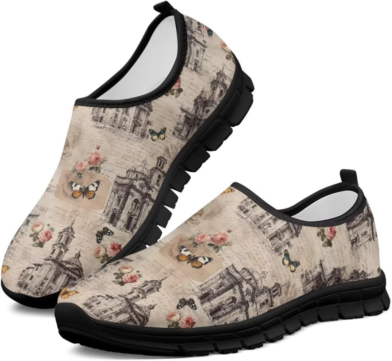 

Женские спортивные кроссовки без шнурков, дышащие, для ходьбы, бега, тенниса, тренировок, с нескользящей подошвой, широкая полнота, размер 5.5-13.5 Chririnla, Retro Architecture Flower