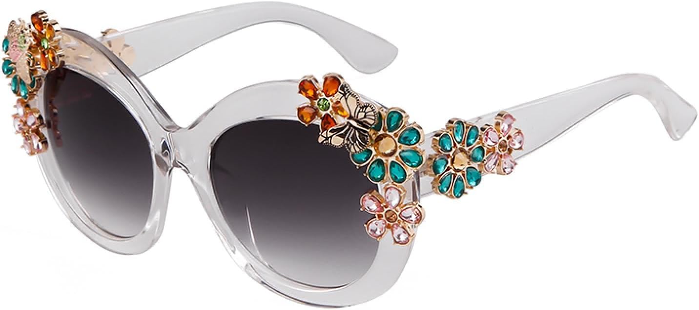 

Винтажные большие солнцезащитные очки с цветочным узором и бриллиантами для женщин, ретро-очки в стиле «кошачий глаз» 80-х годов, круглые солнцезащитные очки для женщин WNCKSQ, C151 White