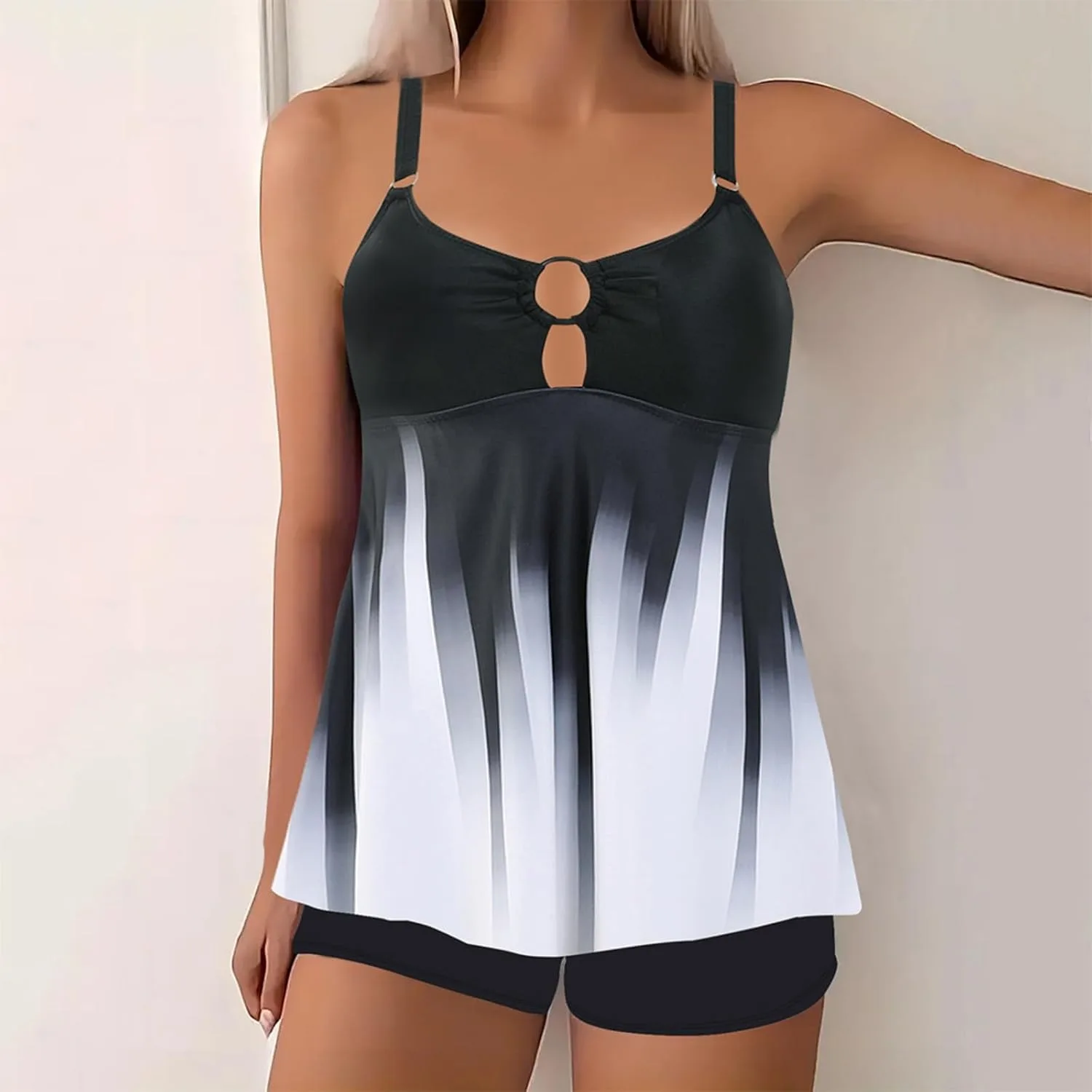 Тай-дай танкини для женщин Plus Size с завышенной талией, комплект из двух предметов, шорты для плавания с эффектом контроля живота Generic, белый — фото 2