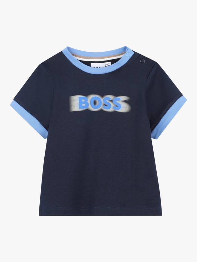 

Детская хлопковая футболка с круглым вырезом и брендированием HUGO BOSS, Navy