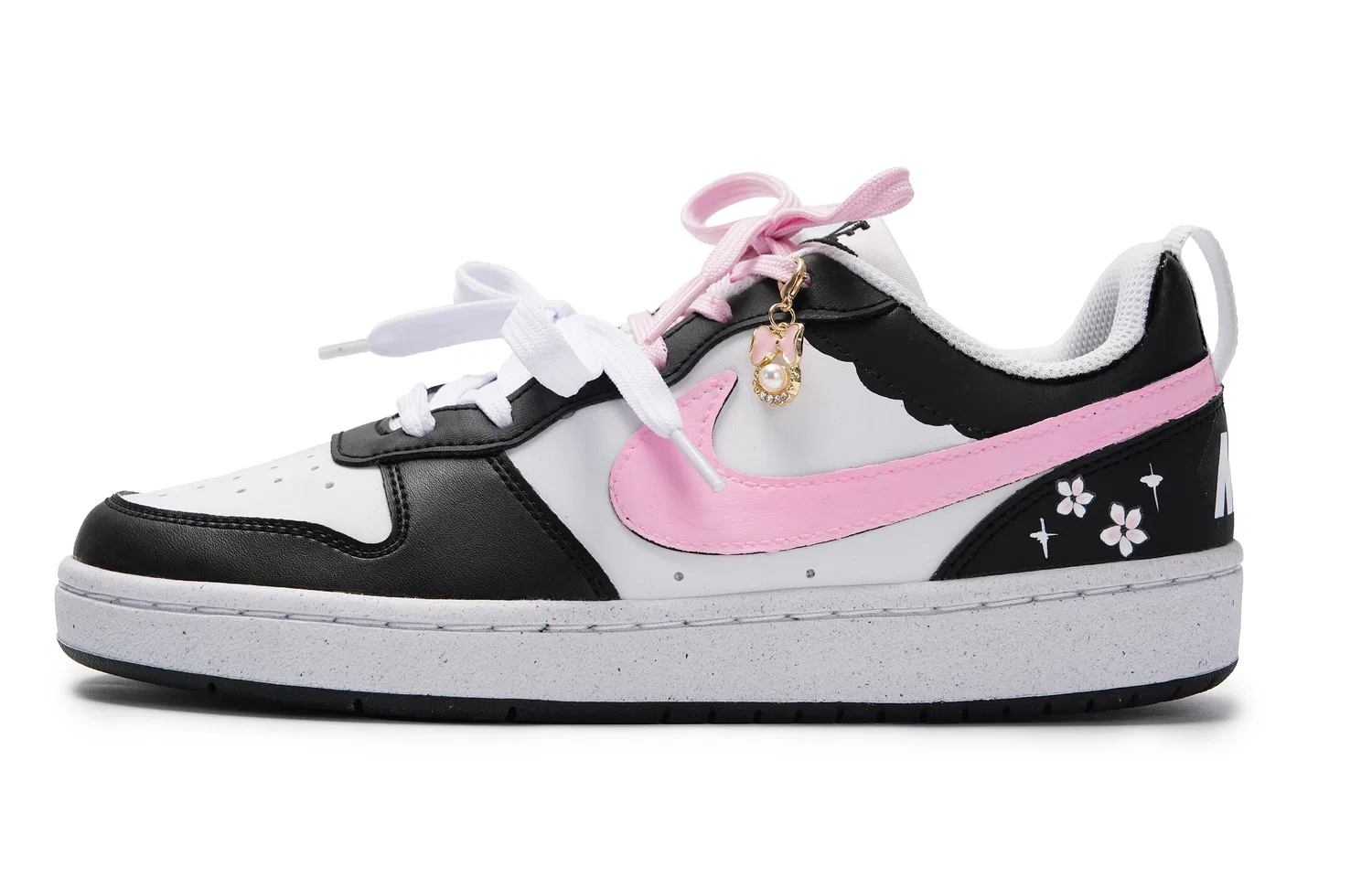 Кроссовки для скейтбординга Court Borough Cushioning Low top Kids' Black Silver Teenagers Nike, Black Pink Flower-Shopping Bag — фото 3
