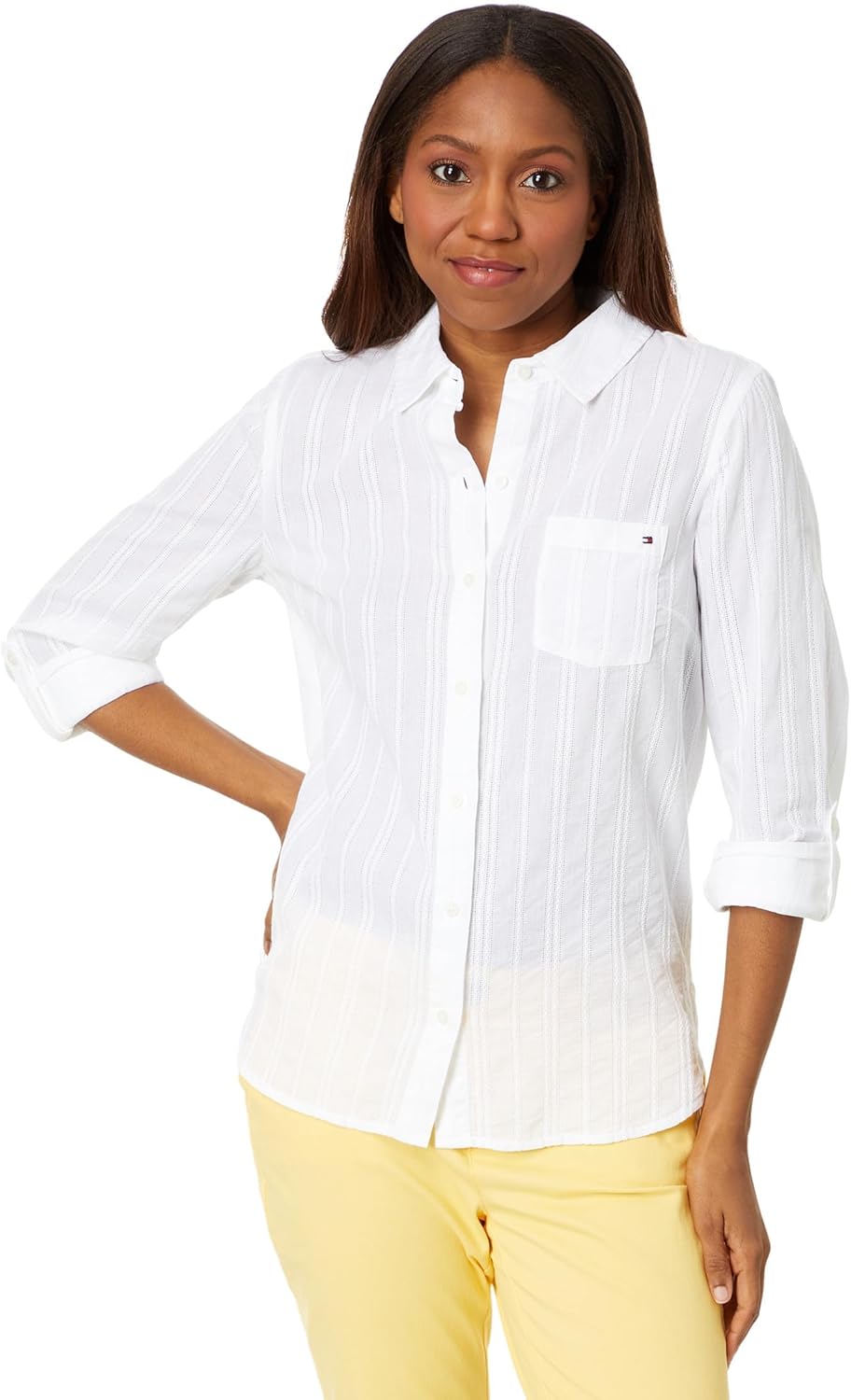 

Женская рубашка Tommy Hilfiger с металлическим принтом и открытыми плечами, White