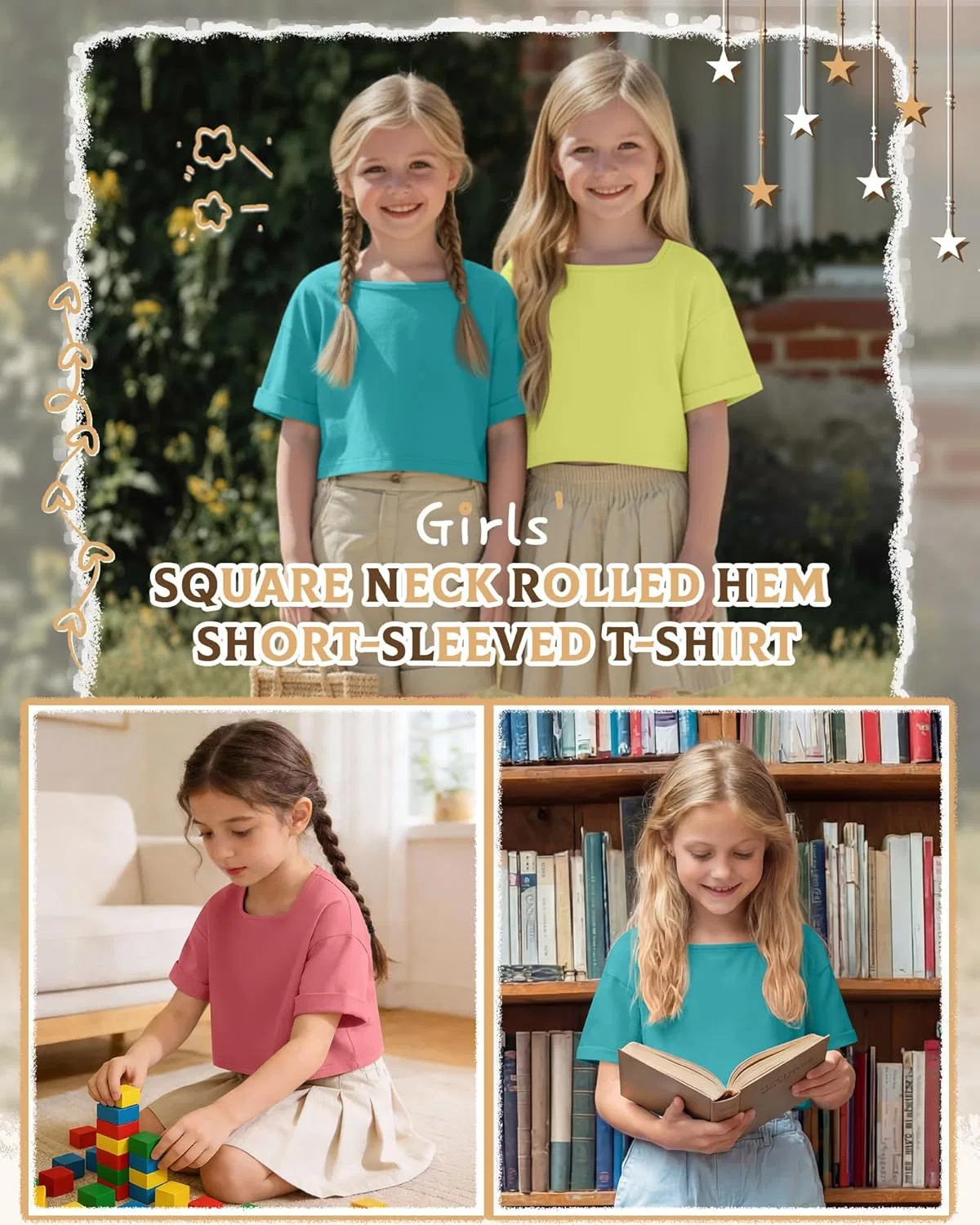 Комплект из 3 детских оверсайз топов с квадратным вырезом, LessonZoo, Light Yellow, Brick Red, Lake Blue — фото 4