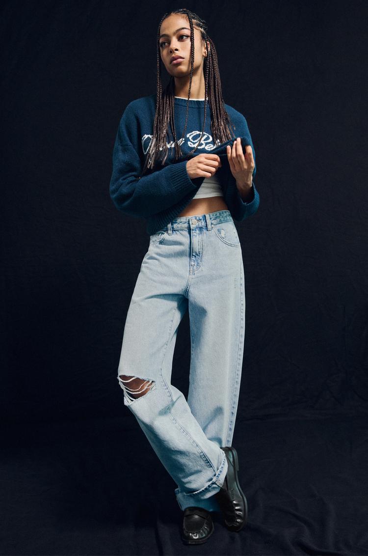

Прямые мешковатые джинсы с отворотами Pull And Bear, голубой