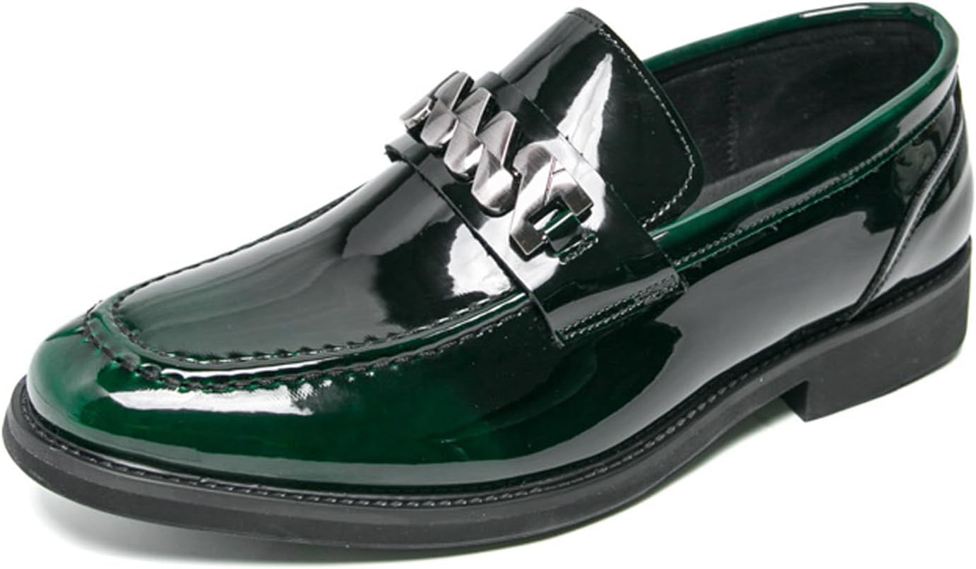 

Мужские лаковые туфли с металлическими элементами, формальные лоферы, ретро с круглым носком, массивным каблуком, удобные, нескользящие, без шнурков, с классическим дизайном для вечеринок, свадеб и деловых мероприятий Uzujbaa, зеленый