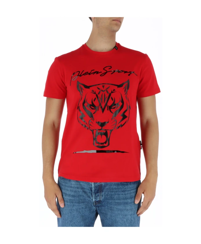 

Красная футболка с принтом, короткими рукавами и круглым вырезом Plein Sport, красный