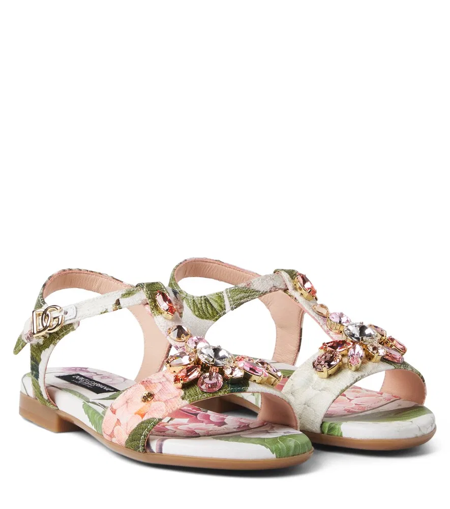 Сандалии с цветочным узором, украшенные кристаллами Dolce&Gabbana Kids, мультиколор