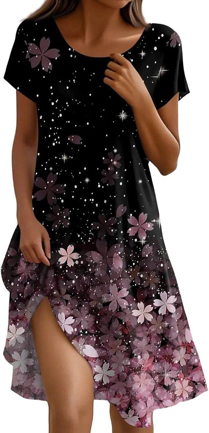 Женское летнее платье 2026 Beach Boho Flower сандарес с коротким рукавом, свободное повседневное платье-футболка с круглым вырезом и карманами Generic, розовый