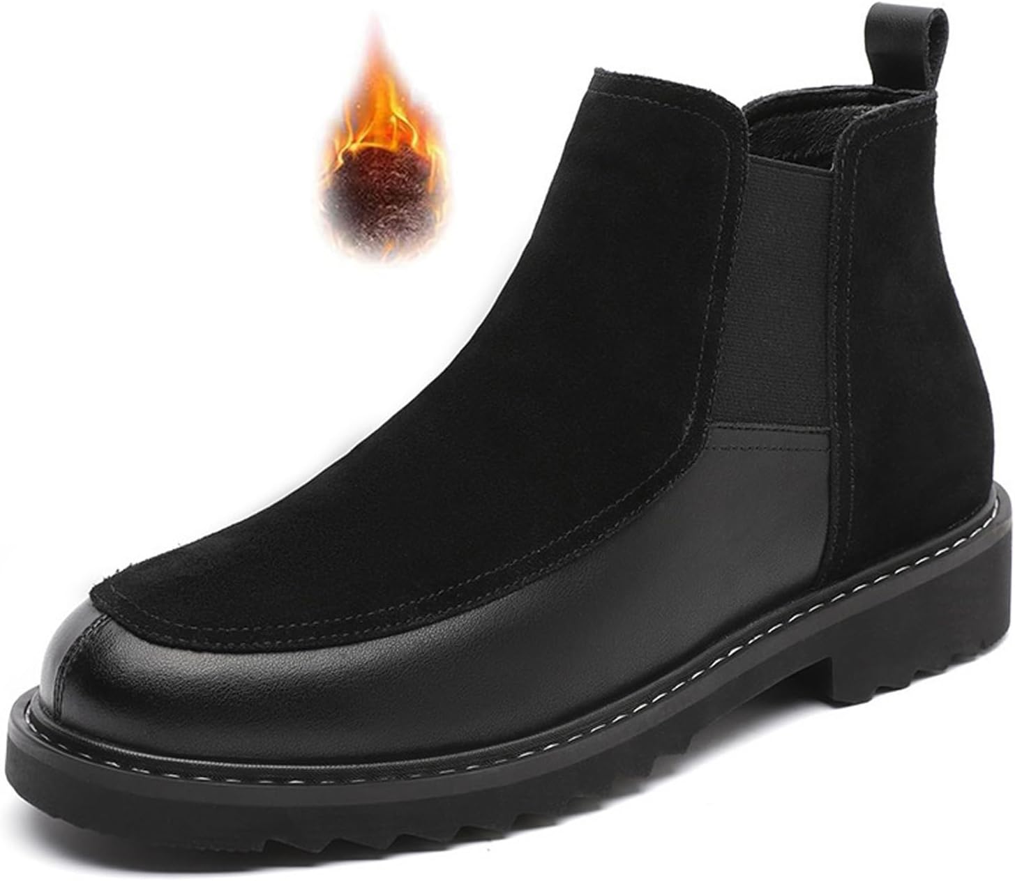 

Мужские ботинки Челси из кожи и замши, низкий каблук, удобные, с круглым носком, без застежки, с теплой меховой подкладкой, противоскользящей подошвой, для бизнеса и повседневной носки, осень-зима, и повседневные ботинки Eggdk, черный