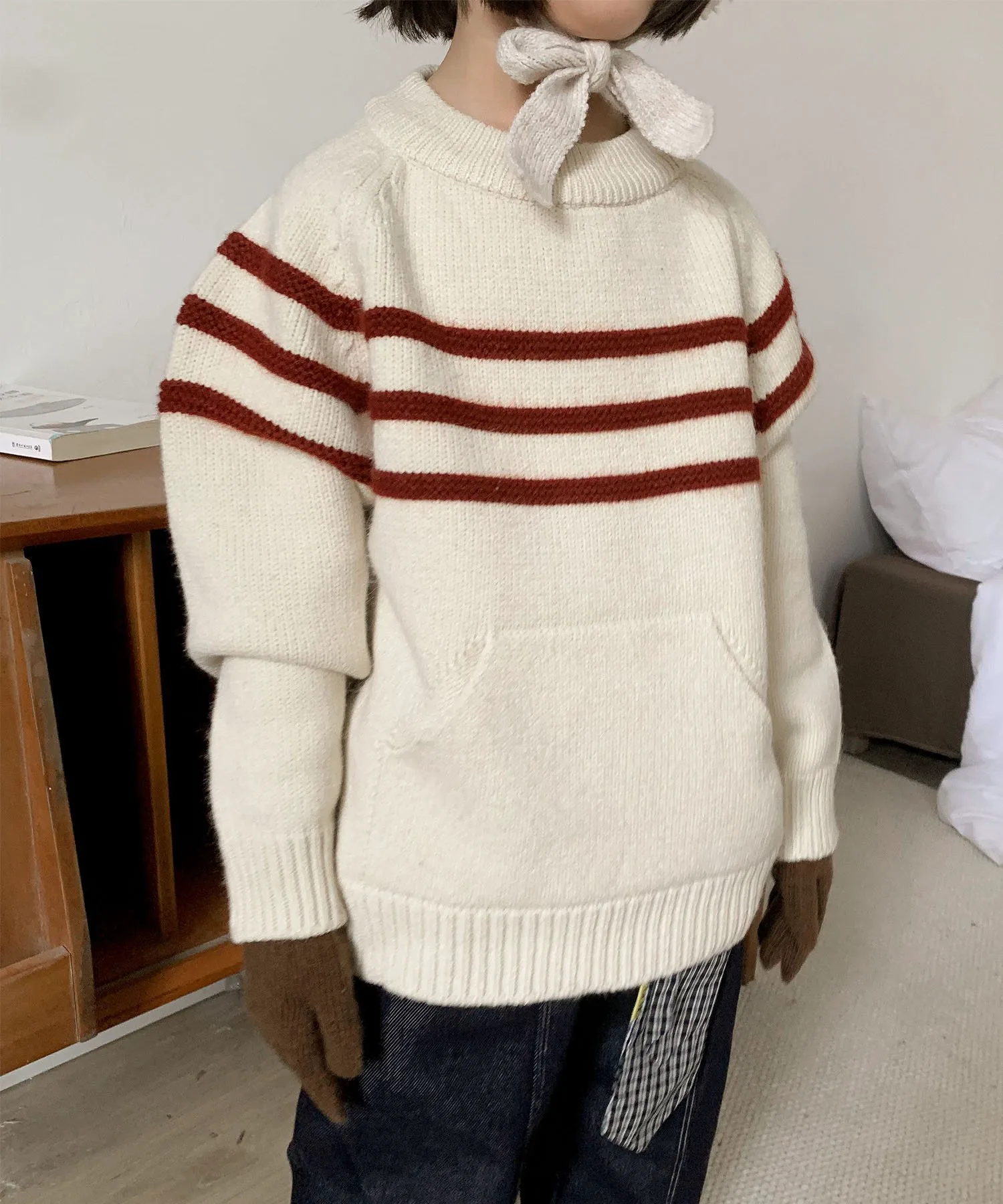 Детский полосатый вязаный свитер Aimoha Kids, beige