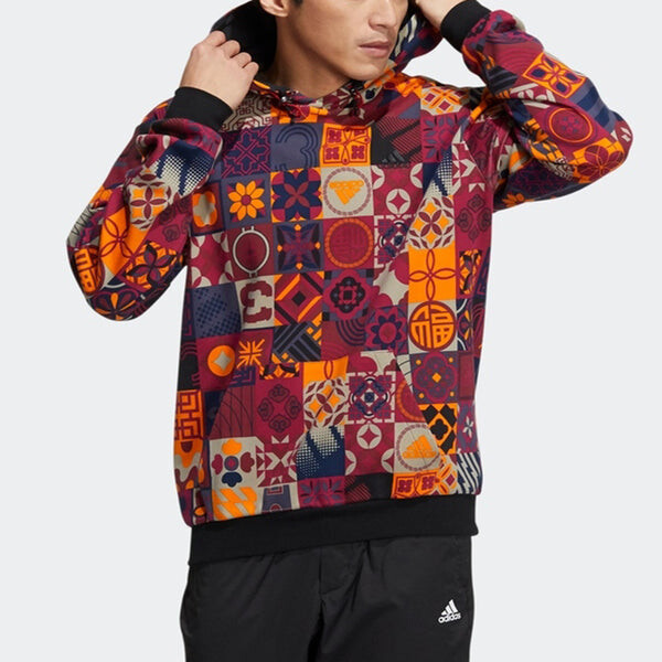 Толстовка Men's adidas Cny Aop Hood Limited Pattern Sports Bright Pink Red Fluorescence, красный — фото 3