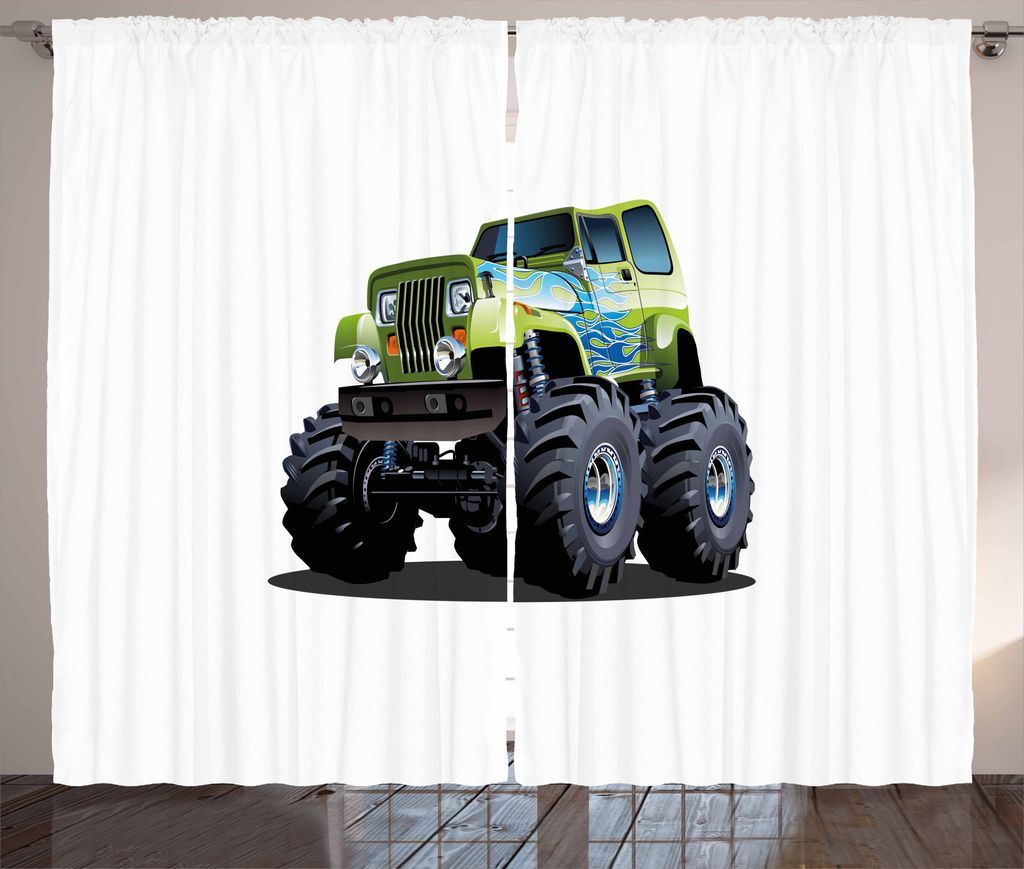 

ABAKUHAUS Truck Rustic Curtain, Monster Truck Off Road, ленточная штора с рюшами для спальни, петлями и крючками, 280 x 260 см, Apple Green Dark Taupe Sky Blue