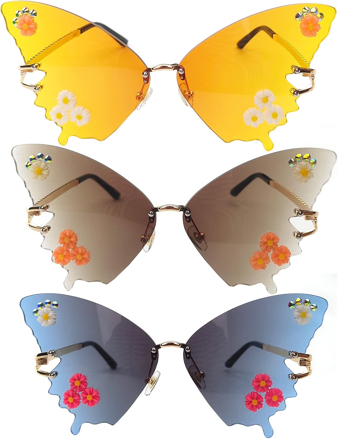 

Женские солнцезащитные очки Willochra в форме бабочки с бриллиантами, без оправы, модные очки в стиле 2000-х, блестящие, «кошачий глаз», розово-коричневые, 3pcs-gray&brown&yellow