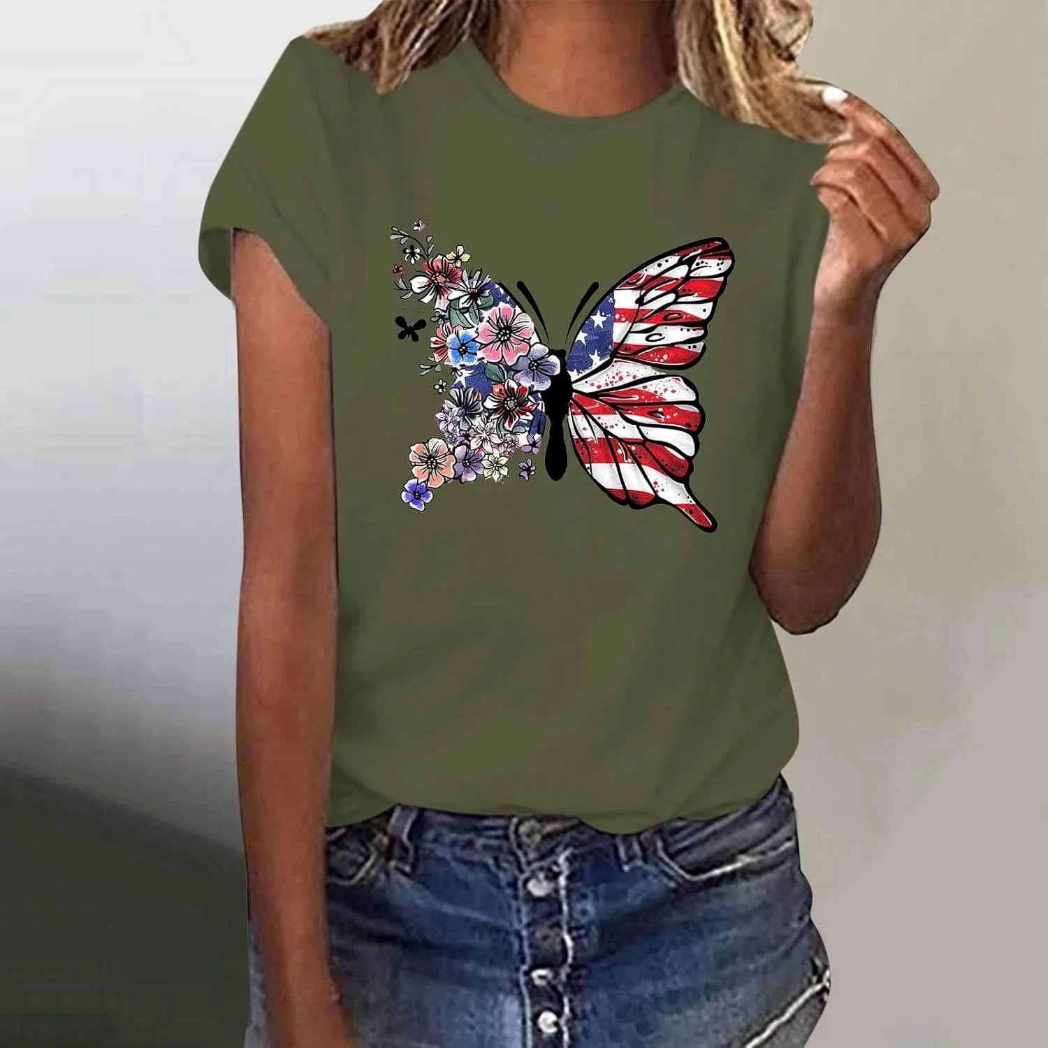 Футболка женская с принтом флага США, Generic, Army Green — фото 2