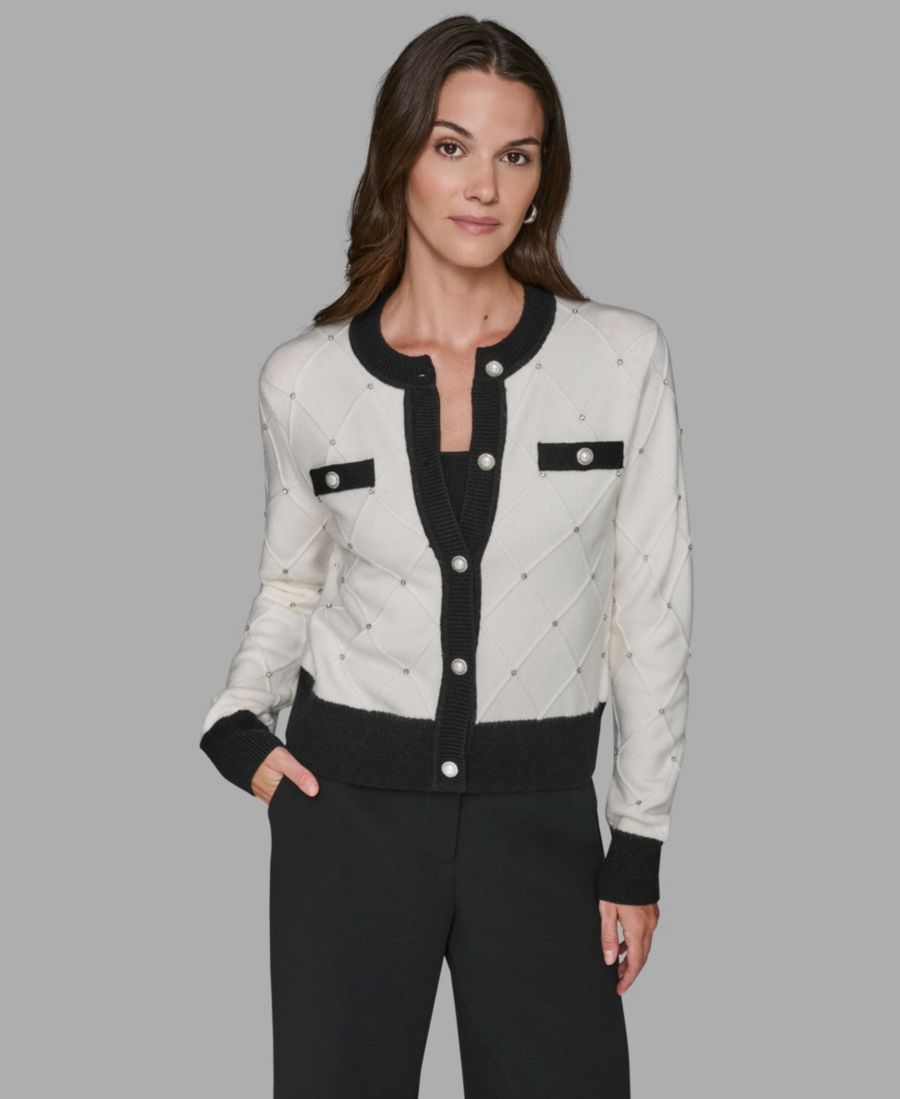 

Женский кардиган с круглым вырезом и застежкой на пуговицы спереди, размеры P/XS-XL KARL LAGERFELD PARIS, Soft White/Black