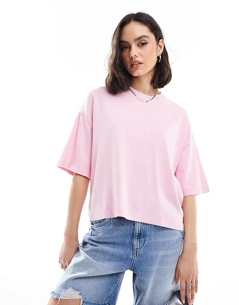 

Футболка свободного кроя Bershka из плотного хлопка с короткими рукавами розового цвета