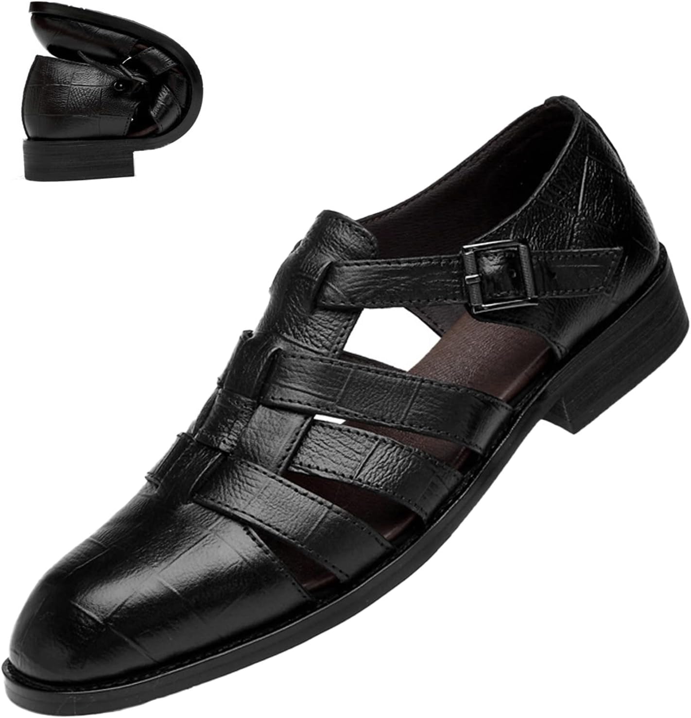 

Мужские повседневные сандалии на платформе с танкеткой в римском стиле, регулируемая пряжка, закрытые пляжные сандалии-рыбаки, ручная работа, кожаные лоферы Generic, черный