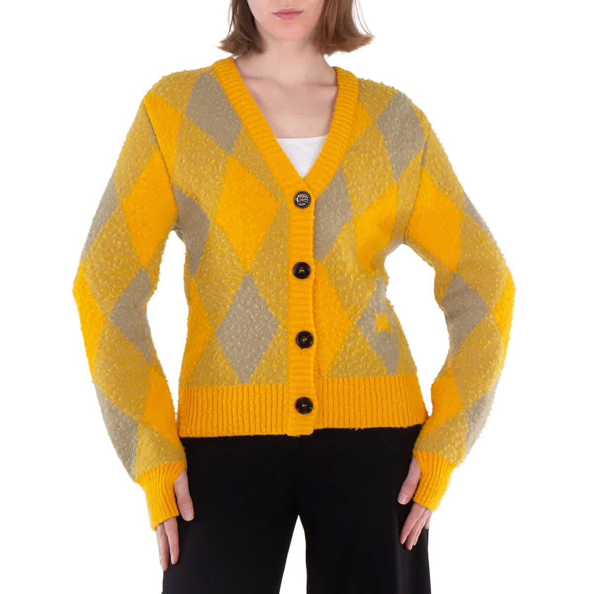 Кардиган Burberry Argyle с ромбовидным узором и отделкой из ребра, Mimosa Ip Pattern — фото 2
