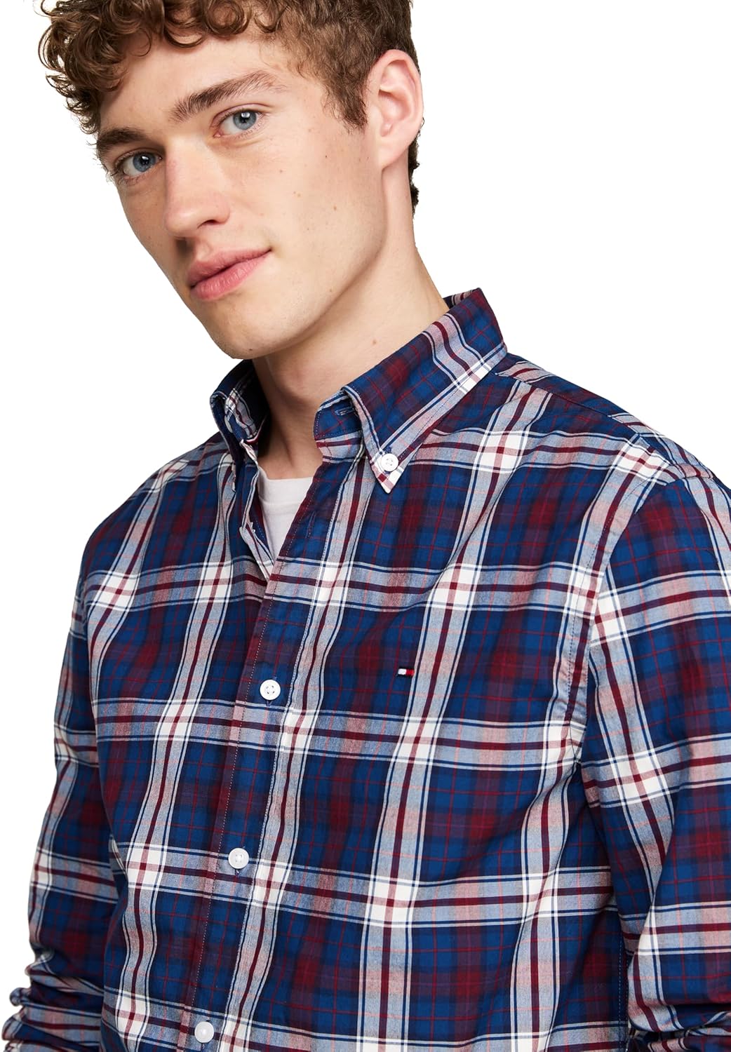 Мужские рубашки Tommy Hilfiger Poplin с длинным рукавом, классического кроя, застегивающиеся на пуговицы, также доступны в размерах для больших и высоких размеров., Deep Indigo / Rouge Check — фото 2
