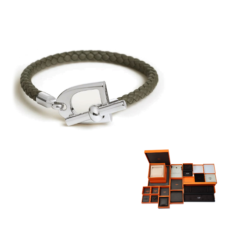 

HERMES Кожаный браслет с палладиевым покрытием, мужской, темно-зеленый