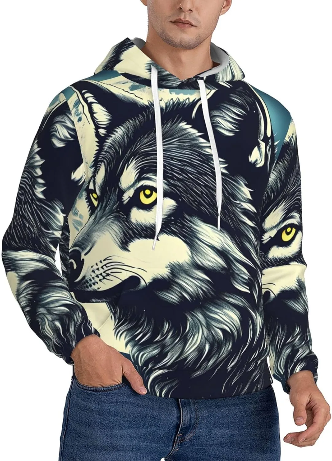 

Байкерская толстовка с капюшоном BaerK Men's Fleece Hooded Hoodie - Wolf Night Moon Full Print, мягкая и тёплая, с карманом
