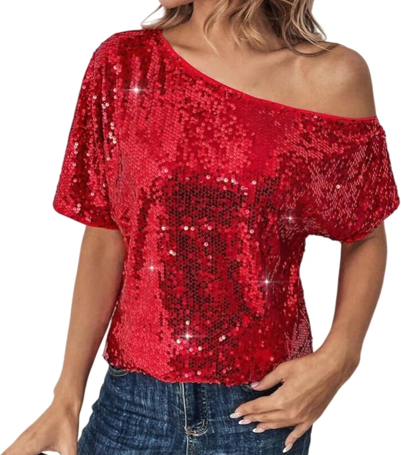 Off Shoulder топ с пайетками для женщин, блестящий с коротким рукавом, сексуальный нарядный верх для праздничных образов 2026 Generic, красный