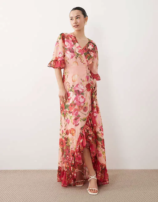 

Розовое платье макси с запахом и рукавами-колокольчиками Hope & Ivy Petite