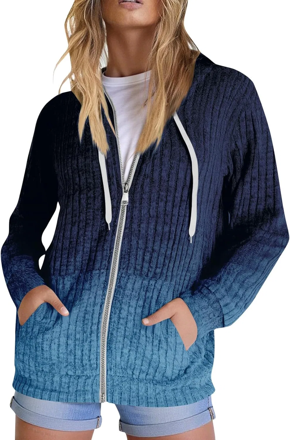 Женская худи на молнии с капюшоном, хлопковая, с карманами, C Dark Blue