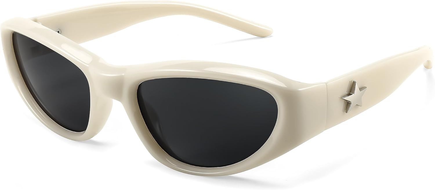 

FEISEDY Y2K — модные солнцезащитные очки с обтекаемой формой для женщин и мужчин, стильные футуристические аксессуары в стиле 2000-х, овальные солнцезащитные очки B1088, Off White Frame Grey Lens