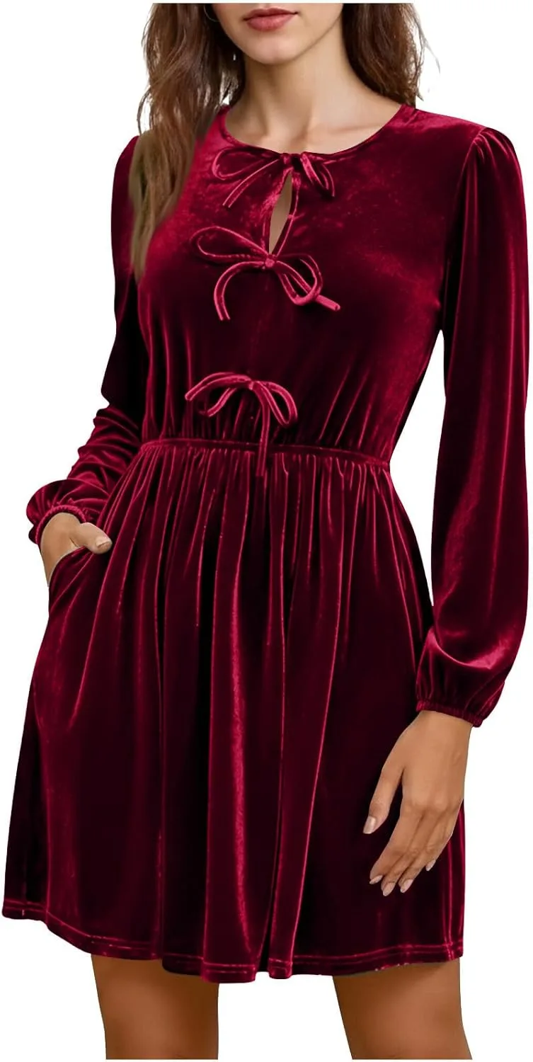 Платье Velvet с длинным рукавом и бантом спереди, силуэт baby doll, фасон A-line, для коктейльных вечеринок и праздников Generic, Wine-1