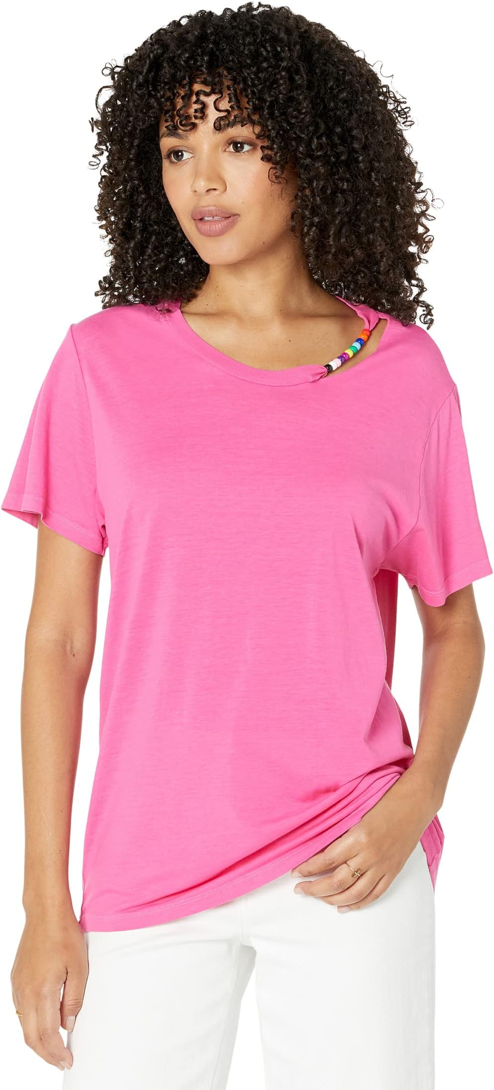 

Футболка Michael Lauren Thurston Boyfriend Tee w/ Beaded Neck, цвет Bright Pink