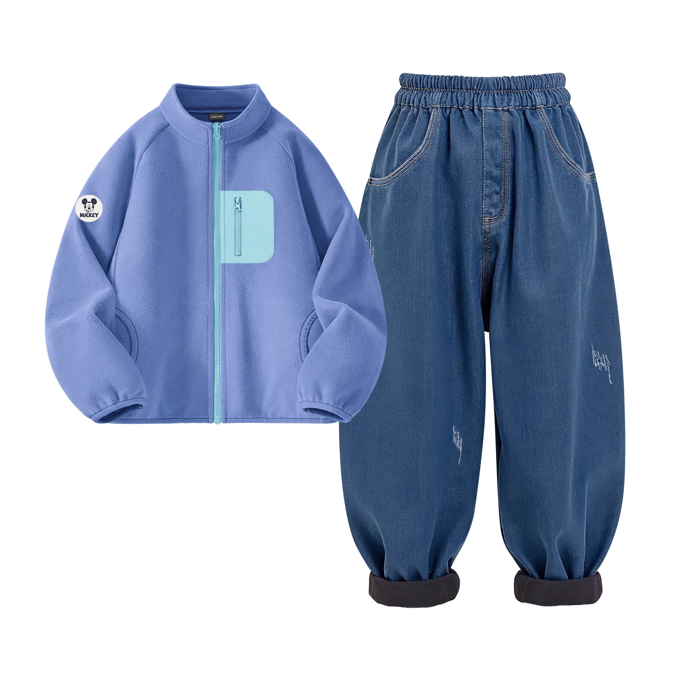 Детская спортивная одежда с воротником стойкой на флисе Disney, [Thickened and Fleece-Lined]Dichi Medium Round Hook-and-Loop K Coral Blue+Solid Color Denim Light Blue