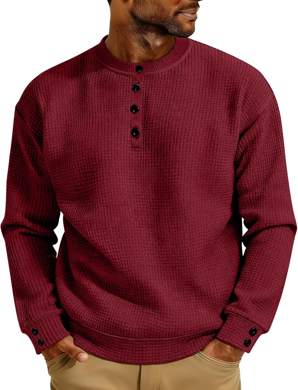 Мужская футболка поло с длинным рукавом, Waffle Henley, Red