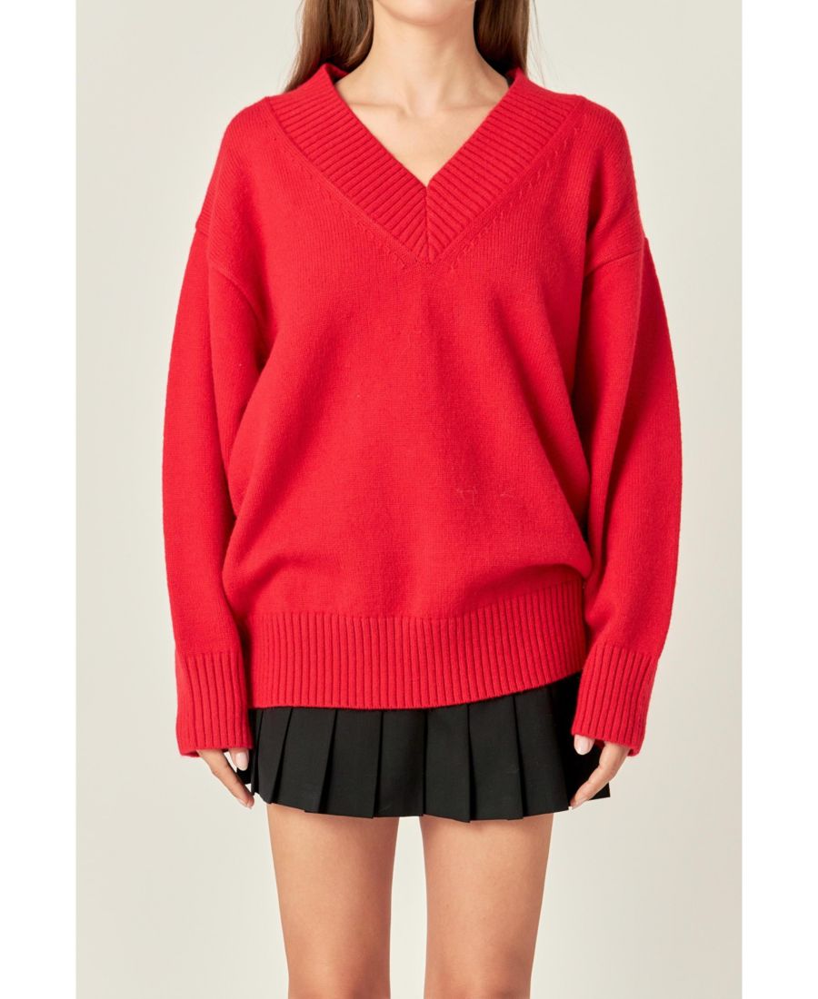 

Женский свитер оверсайз с V-образным вырезом English Factory, Red