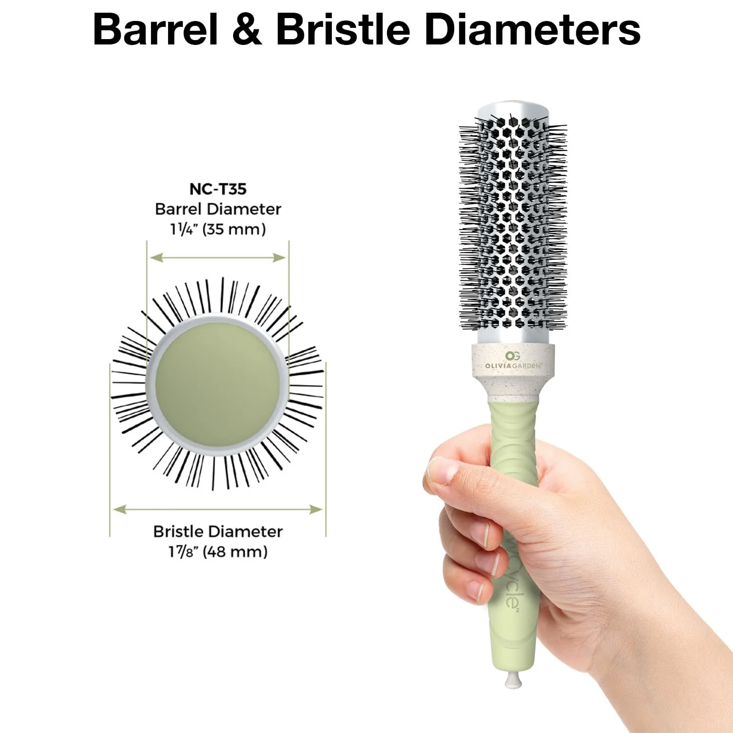 Термощетка для волос Olivia Garden NewCycle Round Thermal Hair Brush (не электрическая) с керамическим корпусом, ионной технологией и изготовлена ​​из 100% переработанного материала (кроме щетины). 4,8 см (термо-круглая) — фото 2
