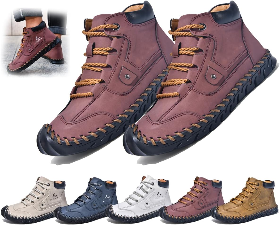 

Мужские ботинки - поддержка свода стопы, противоскользящие, водонепроницаемые, кожаные ботинки с широкой колодкой Generic, красный