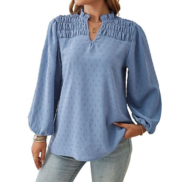 

Женская блузка с длинным рукавом, сборчатым воротником стойкой, V-образным вырезом и пышными рукавами Clearflower, Blue