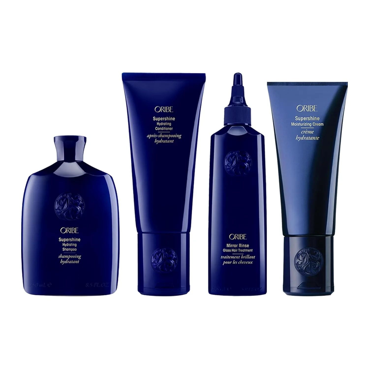 Набор ORIBE Supershine: шампунь, кондиционер, увлажняющий крем и средство для ухода за волосами Mirror Rinse Glass.