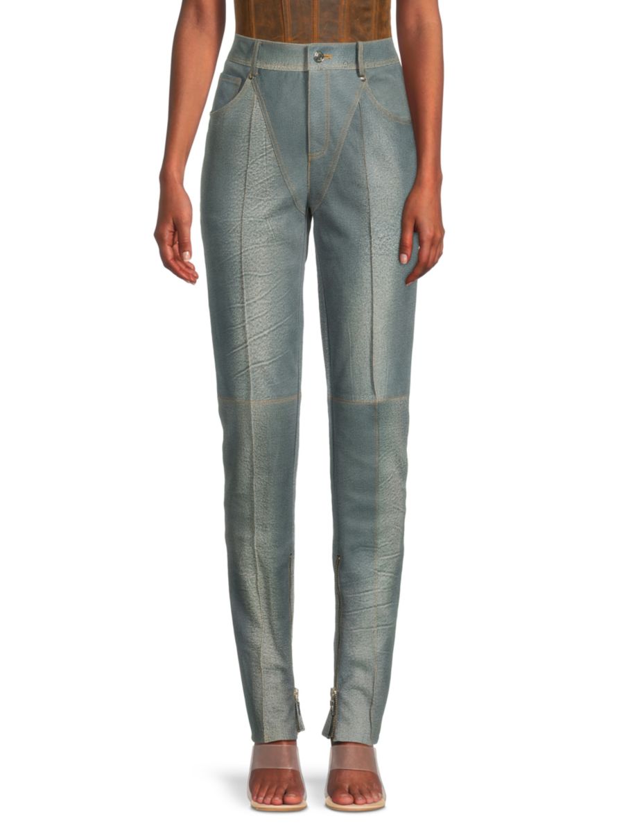 

Зауженные брюки из выбеленной кожи LaQuan Smith, цвет Washed Denim