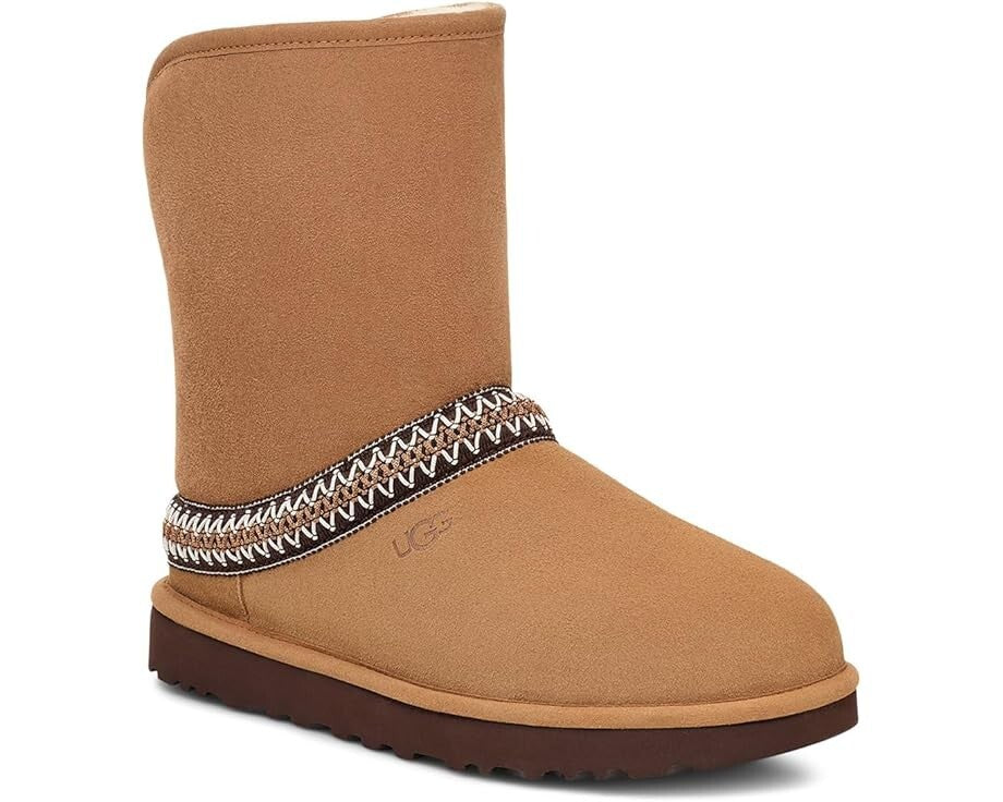UGG Classic Short Cresent Женские сапоги из каштановой замши на овчинной подкладке RHS3729, коричневый