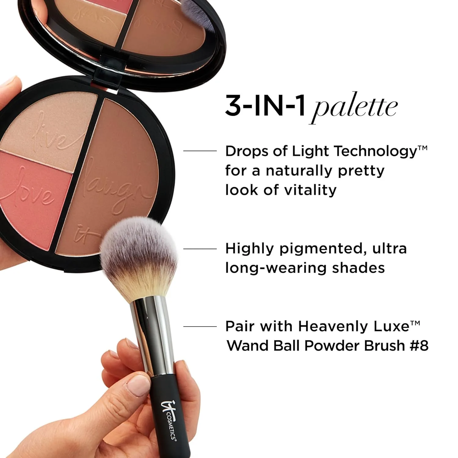 Палитра для макияжа IT Cosmetics Your Most Beautiful You 3-в-1: матовый бронзер, хайлайтер, осветляющие румяна, пептиды и технология Drops of Light., Bronze — фото 3