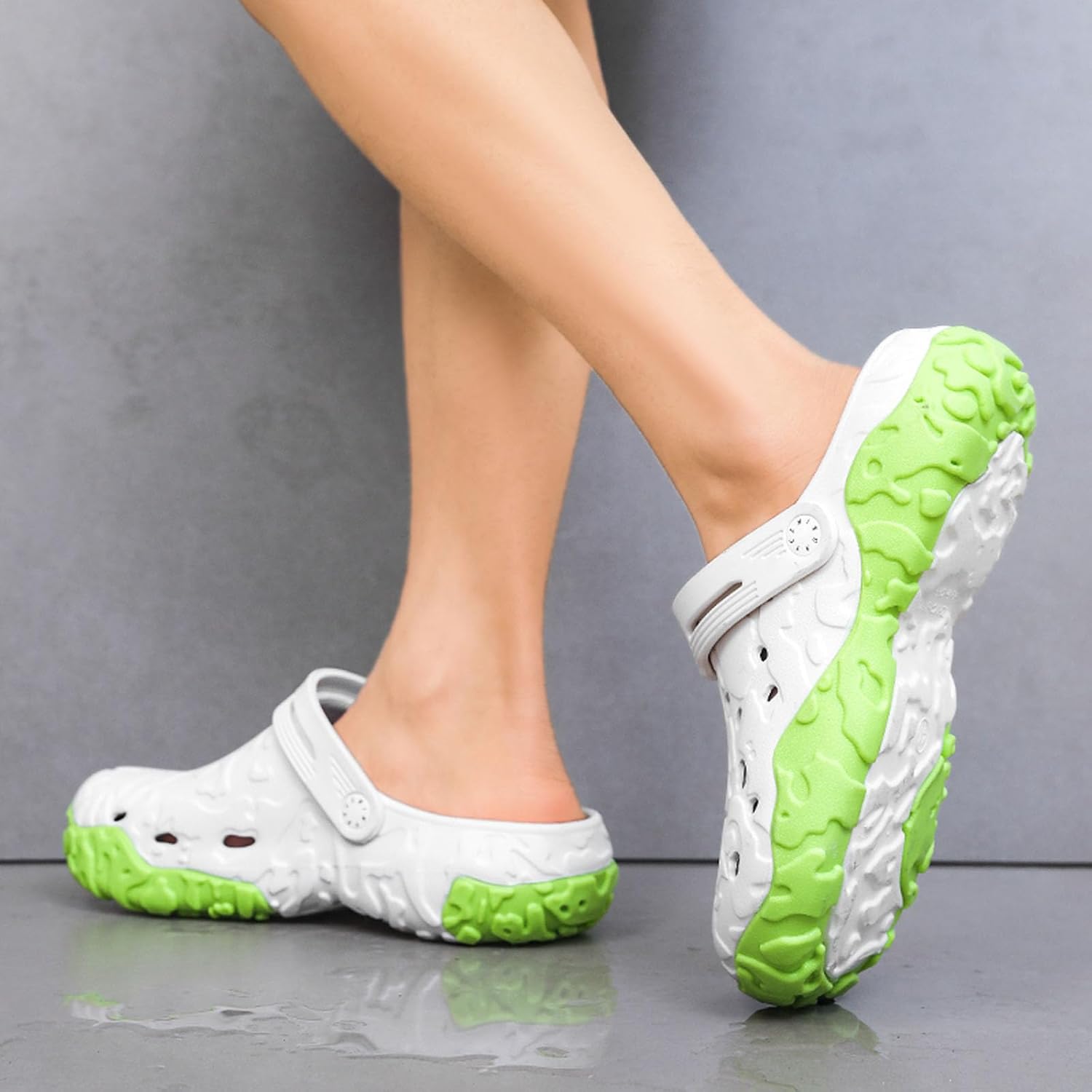 Сабо MEIAGDT для мужчин с поддержкой свода стопы, из ЭВА, с резиновой подошвой, не скользят, легкие, спортивные тапочки без задника для дома, с регулируемыми ремешками, для пляжа, бассейна и работы на улице, белый/зеленый — фото 4
