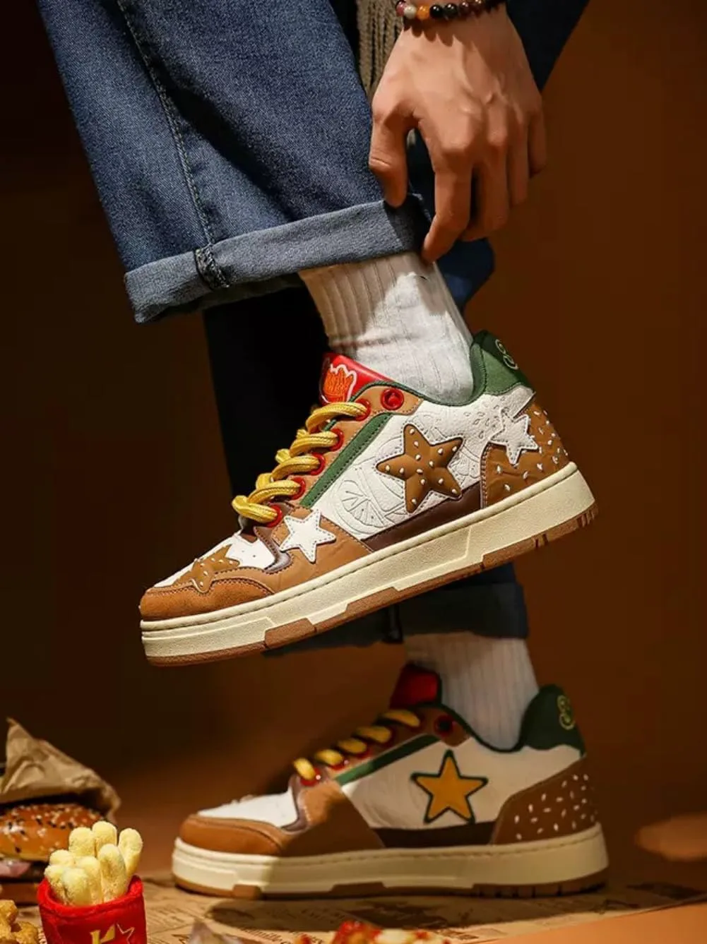 Мужские массивные кроссовки Star Shoes Y2K в ретро-стиле, кожаные кроссовки на шнуровке, легкая и удобная обувь для ходьбы для мужчин и женщин Generic, коричневый — фото 3