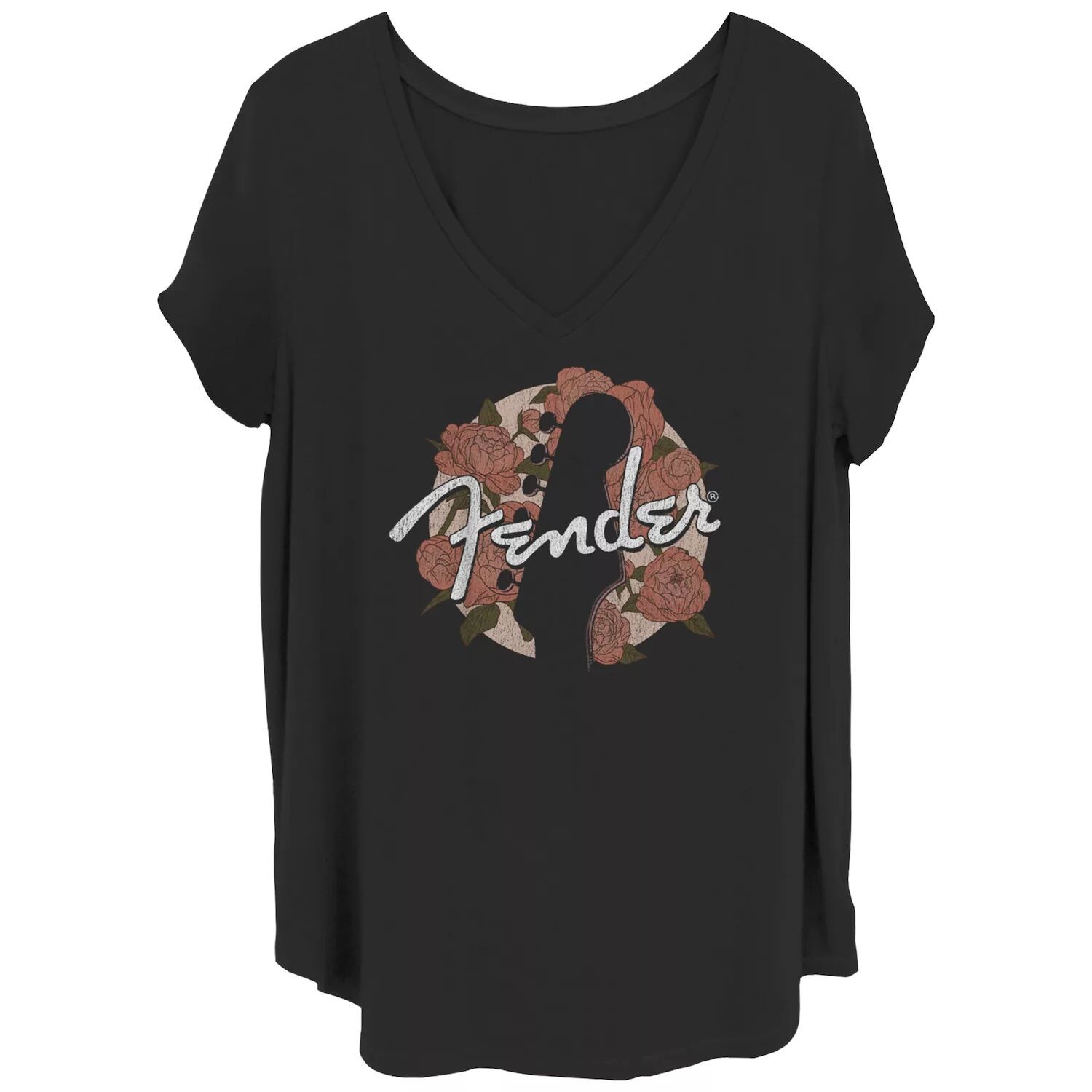 

Футболка больших размеров Fender с цветочным принтом и силуэтом гитары для гитаристов с v-образным вырезом для юниоров Licensed Character